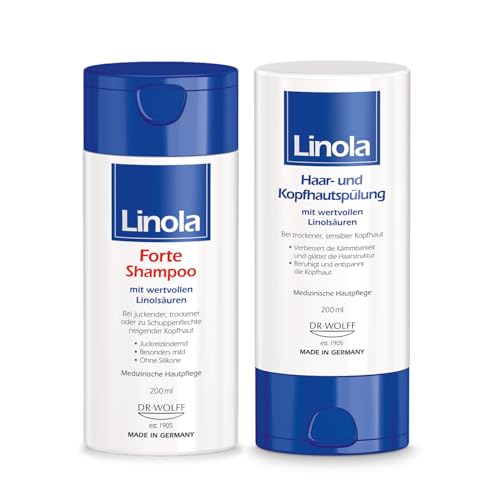 Linola Forte Shampoo & Haar- und Kopfhautspülung - 2 x 200 ml | Dusch-Set gegen Juckreiz und Schuppenflechte | Für entspannte Kopfhaut und geschmeidiges Haar