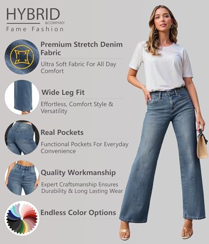 Hybrid & Company Womens Wide Leg High Rise Super Comfy Stretch Denim Pants Trendy Relaxed Fit Jeans with Pockets2