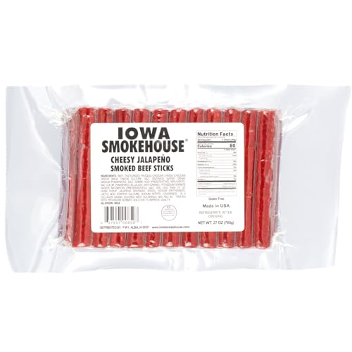 IOWA SMOKEHOUSE Smoked Beef Sticks, Cheesy Jalapeno - Protein Meat Snack - Sealed & Ready to Eat Sticks, Made in USA - 27 oz