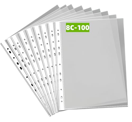 MIEGUIWOR 100 Pièces Pochette Plastique A4 transparente (0.08mm,80 microns),DIN A4 Pochettes Plastiques Perforées A4,11 trous Étui Dossier 2/3/4 Anneaux Pour École/Bureau (Bord blanc,8C-100)