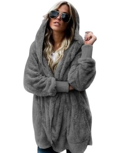 Womens Casual Fuzzy Fleece Open Front Hooded Cardigan - Oversized Soft Warm Fluffy Outerwear Jacket Coat with Pocket