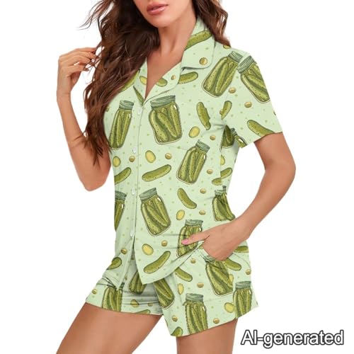 Image of Renewold Women's Short Sleeve Pajama Set Button Down Sleepwear with Notch Collar Soft Lounge Top and Shorts with Pockets