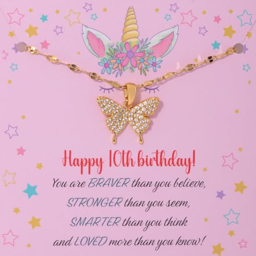 Gemnico Gifts For 10 Year Old Girl - 10Th Birthday Gift For Her, Daughter, Teen - Butterfly Pendant Necklace, 18K Gold Plated, Beauty Box And Inspirational Quote Card cover