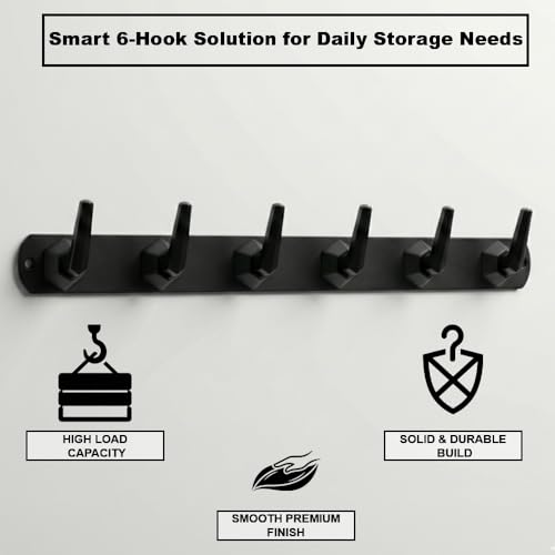 Image of Modern Design Cloth Hanger for Wall /6 Hook Dress Hanger for Door Mount /Bathroom Hooks for Hanging (Black Finish) Pack of 4-| 3 Years Warranty |