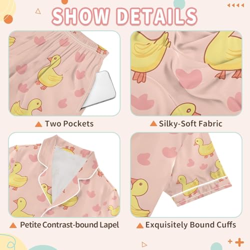 senya Yellow Duck Heart O Satin Summer Pajama Sets Silk Short Sleeve Button Down Sleepwear3
