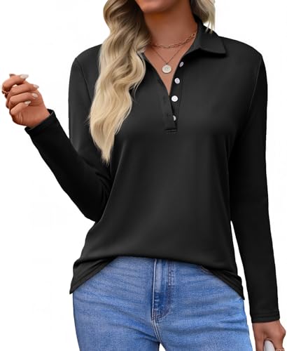 Image of Tankaneo Womens Long Sleeve Polo Shirts V Neck Collared Button Down Shirt | Polo Shirts,V Neck, Collared, Button Down
