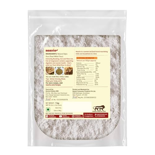 Image of Naario Bajra atta 100% Organic Millet Flour | Pearl Millet Flour, Natural & Gluten Free | Stone Ground, Rich in Iron, High Fibre Atta | No Maida, No Additives and Preservatives Free - 1 kg