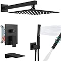 Aolemi Shower System with Tub Spout Wall Mounted Shower Tub Faucet Set Rain shower heads and 2 in 1 Handheld Shower combo Trim Kit Rough-in Valve with 12 Inch Shower Head Matte Black