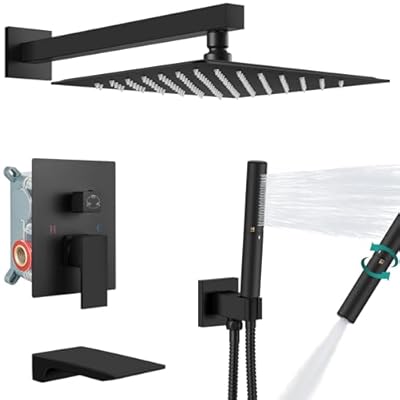 Aolemi Shower System with Tub Spout Wall Mounted Shower Tub Faucet Set Rain shower heads and 2 in 1 Handheld Shower combo Trim Kit Rough-in Valve with 12 Inch Shower Head Matte Black