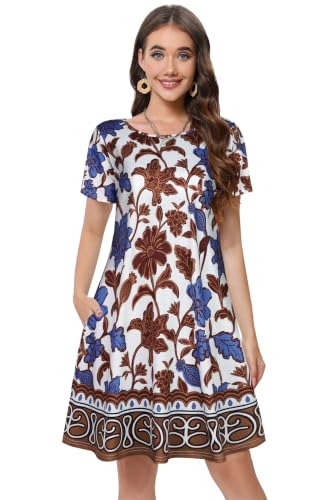 Image of Summer Dresses for Women Casual Tshirt Dress Beach Sundress with Pockets | Two Hidden Pockets, Short Sleeve Boho Dress, Scoop Neck Floral Dress, Flowy A-Line, Hawaiian Vacation Beach Cover Up 2026