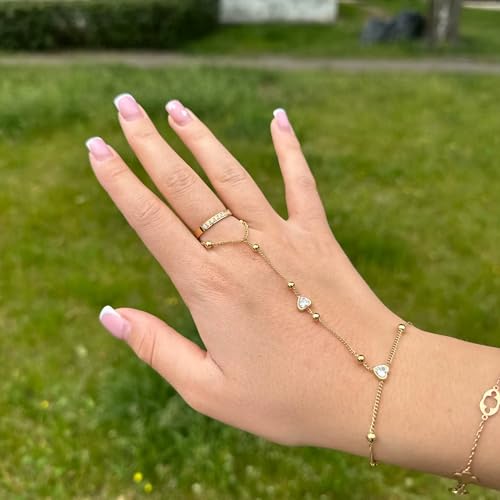 Mchic Hand Chain Tennis Bracelets for Women Trendy: Dainty Diamond Beaded Bracelet 14K Gold Plated/Silver Finger Ring Bracelet Hand Chain Jewelry Adjustable Sparkly Prom Bracelets2