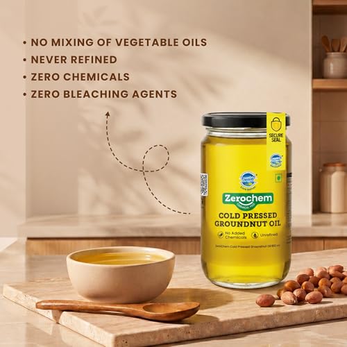 Image of Country Delight Groundnut Oil - 850 ml Glass Jar (ZeroChem Cold Pressed) | Pure & Natural Peanut Oil | Kohlu /Chekku Extraction | Cholesterol Free Cooking Oil | Rich Aroma & Nutty Flavor