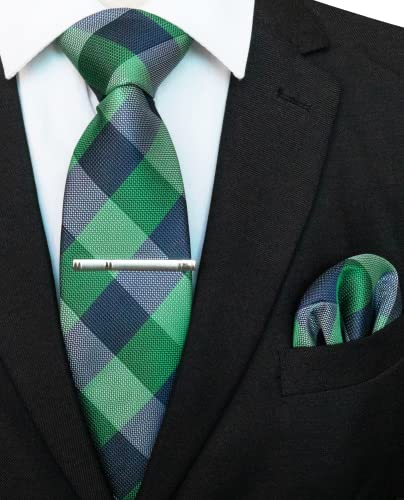 Image of RBOCOTT Silk Stripe Plaid Tie and Pocket Square with Tie Clip Sets for Men