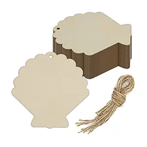 Creaides Shell Wood Cutout DIY Crafts Wooden Shell Shaped Ornaments Gift Tag Whit Ropes for Wedding Birthday Party Decoration (3.94x3.94x0.1 in, 20 Pcs)
