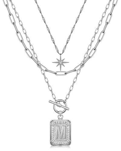 MJartoria Layered Initial Necklaces for Women Trendy, 14K Gold Plated Simple Star Choker Square...
