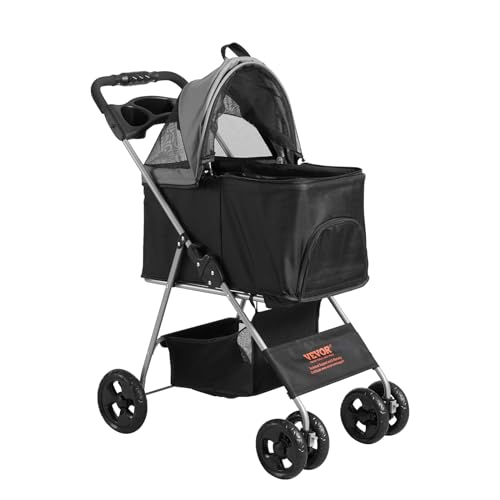 Miniatura 4 de Vevor Cochecito Para Perros 4 Ruedas Giratorias 1 Freno Cochecito Para Mascotas Carga De 16 Kg Transportín De Perros Soporte Extraíble Cesta De Almacenamiento Portavasos Para Perros, Negro Gris Oscuro