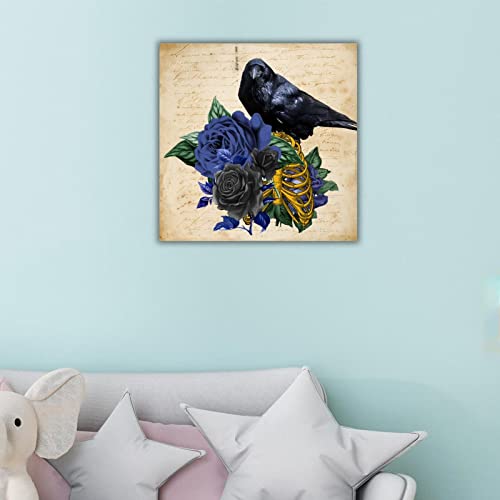 Panneau mural bois Raven on Skull 40cm déco rétro floral bleu - 6