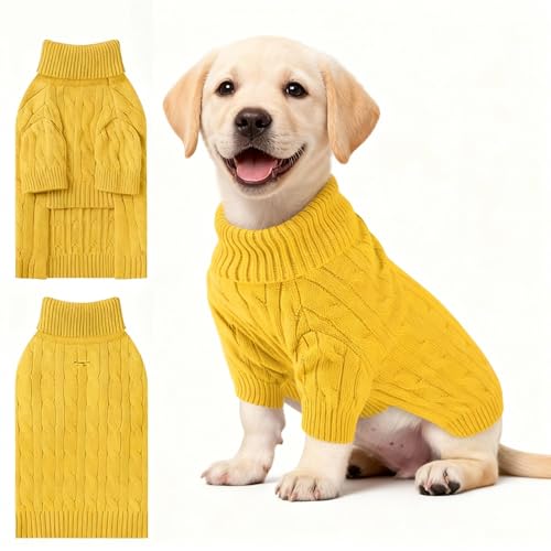 Image of Small Dog Thermal Pullover Sweater, Classic Turtleneck Cable Knitwear Dog Clothes for Cold Weather Warm Pet Clothes for Chihuahua, Bulldog, Dachshund, Pug Yellow X-Large
