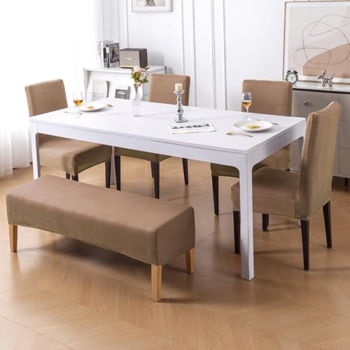 Image of HOKIPO 'SereneSolids' 140 GSM Stretchable Dining Chair Covers Set of 4 with 1 Bench Cover, Dark Camel (AR-6282-DCML)