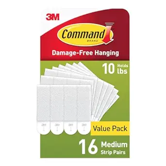 Command Picture Hanging Strips, Medium, White, Holds up to 12 lbs., 16-Pairs (32-Strips)
