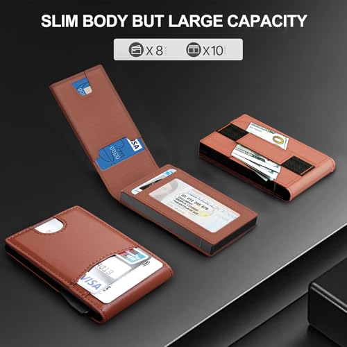 Wallet for Men, Slim Minimalist Mens Wallet 9-12 Cards Holder, RFID Blocking Smart Pop Up Card Wallet with Expandable Backplate, Metal Aluminum Credit Card Holder Bifold Wallet, Brown2