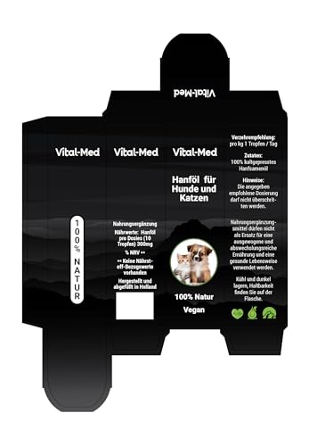 Vital-Med - hochdosiertes Hanfsamenöl für Hunde & Katzen - 30ML (750 Tropfen) - 25mg pro Tropfen - Premium Vital Hanfsamenöl - 100% Natur - Hanftropfen mit Omega 3-6-9 (Neutral)