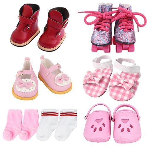 18 inch Doll Shoes - 5 Pairs of Different Types (Boots/Roller Skates/Sandals/Clogs) + 2 Pairs of Pink/White Socks 18 in Doll Accessories 18Pink American Doll Accessories