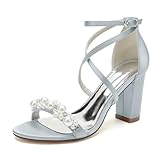 WeFloHsL Sandalias De Boda con Tacón Ancho Perlas para Mujer Satén Punta Abierta Tira Al Tobillo Zapatos De Novia Fiesta 2022-13R,Plata,39 EU