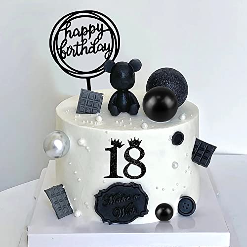25 Pcs Black Ball Cake Topper Set, Acrylic Happy Birthday Cake Toppers Black Numbers 0-9 Crown Cake Topper Ball Shaped Cake Insert Toppers Birthday Cake Decorations For Men (Black) #TOP1