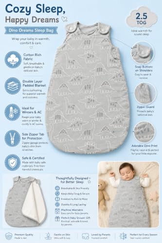 Image of TuddyBuddy Baby Cotton Wearable Quilted Sleeping Bag Blanket 1.5 Tog with 1 Way Zipper Closure | Ideal for Babies & Kids Hypoallergenic Fabrics | (Dino AOP - Grey, 18-24 Months)