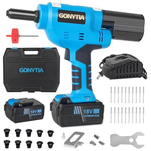 Gonytia RIVETER7 Brushless Rivet Gun, Cordless Rivet Tool compatible with 1/4"(6.4mm) Stainless Steel Rivets, Automatic Rivet Recoil with 18V 4.0Ah Battery(2pcs) 1 Charger, Carrying Case