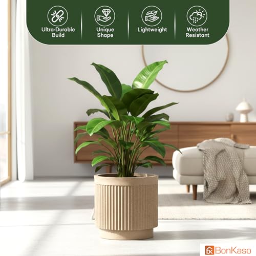 Image of Bonkaso 10 Inch Tokyo Plant Pot for Indoor & Outdoor Use | Lightweight Durable Polymer Flower Pot Gamla | UV & Weather Resistant Planter for Living Room, Balcony, Terrace & Garden (Beige)