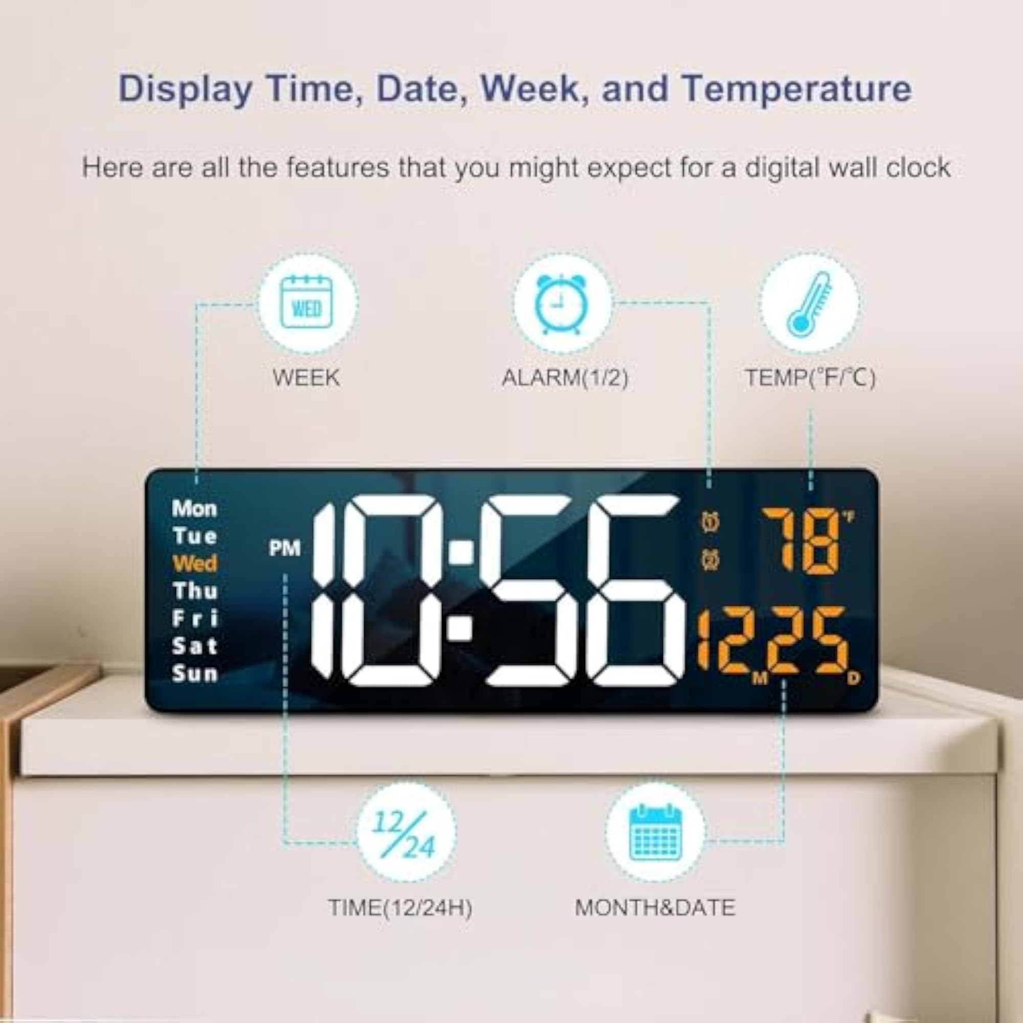 Large LED Digital Wall Clock with Remote Control, Home Decor