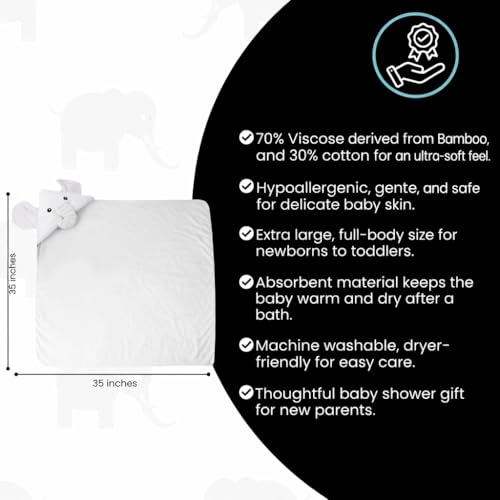 Image of Premium Baby Towel for Bath with Hood, Extra Soft, Silky Smooth Fabric, Made from Viscose derived from bamboo and cotton Extra Large Absorbent, Hypoallergenic, Machine Washable, Elephant