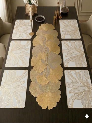 Image of Dakshya Industries PVC Waterproof Table Placemat & Table Runner Combo Set | 6 Dining Table Mats + 1 Runner | Heat Resistant, Washable, Non-Slip Table Mat Set (Dining Protect)