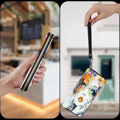 Wristlet Wallet for Women Teen Girls Womens Wallet RFID Blocking Credit Card Holder with Removable Wristlet,Leather Phone Wallet Clutch Large Capacity Ladies Travel Purs,Beautiful Woman Flower4