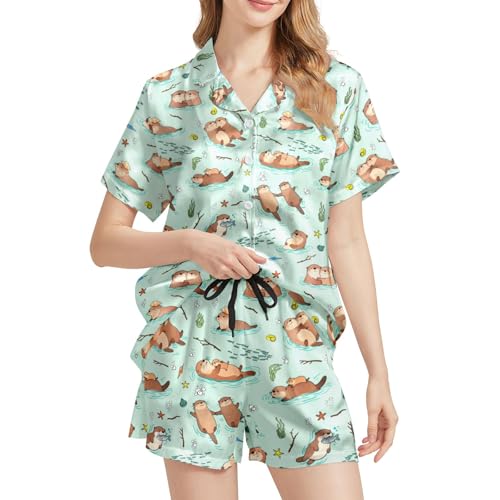 Image of Funny Pajamas for Women Set Print Satin Loungewear Pjs Short Sleeve Button Down Top and Shorts Sets Sleepwear XS-3XL