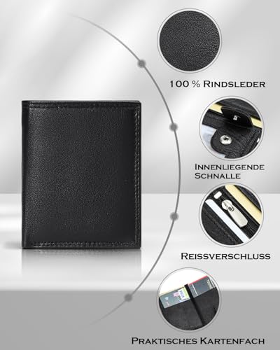FOMAX Geldbörse Herren Leder Klein Portmonee Echtleder, Geldbeutel mit RFID Schutz, 11 Kartenfächer Hochformat Portemonnaie mit Münzfach, Schwarz