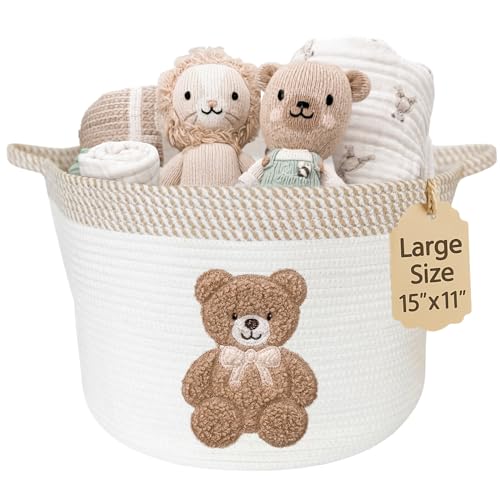 Image of Teddy Bear Baby Storage Basket, Woven Cotton Rope Nursery Bin, 15x11 in | Stuffed Animal and Blanket Storage, Embroidered Bear Patch, Gender Neutral Nursery Decor, Shower Gift, Playroom Organizer