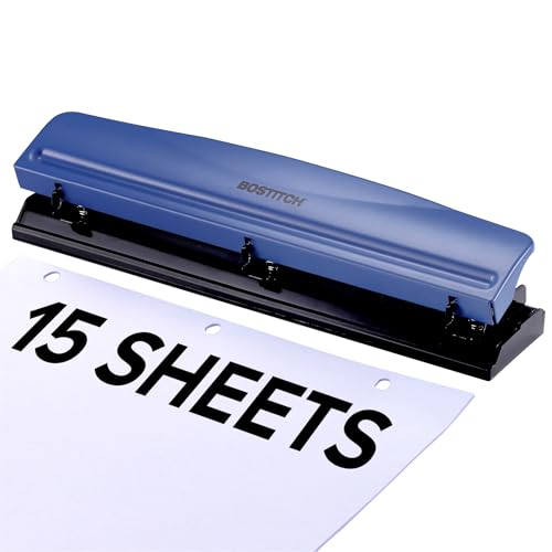 Image of Bostitch 3-Hole Punch, 15 Sheet Capacity, Heavy Duty All-Metal Paper Punch, Non-Slip Base, Easy-Empty Chip Tray, 9 /32 inch Holes, Fits Standard 3 Ring Binders, Office, School & Home, Blue