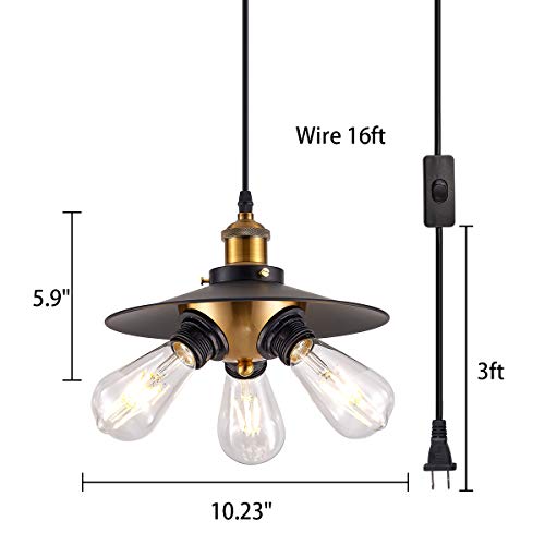 Ylong-Zs Black Hanging Lamps Swag Lights Plug In Pendant Light 16.4 Ft Cord And Chain/Hanging Pendant Light Cage In-Line On/Off Switch For Kitchen Island, Dining Room, Entryway，3Lights，Black Finish #TOP1