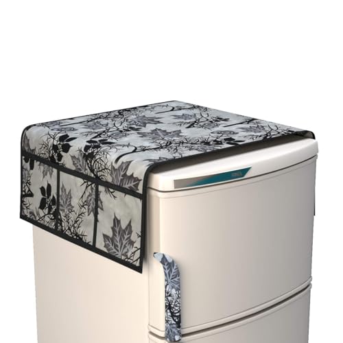 Image of Decorative Refrigerator Cover Set with Floral Pattern, Top Cover and Handle Covers, Black and Grey