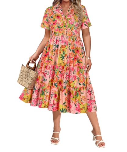Image of CARCOS Plus Size Dresses for Curvy Women Collared Vneck Short Sleeve Dresses Midi Summer Ruffle Dress with Pocket XL-5XL