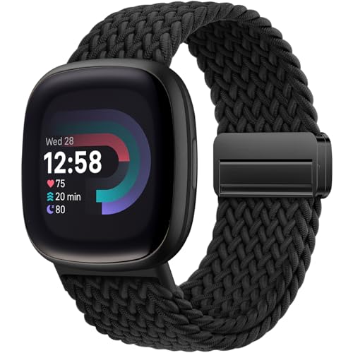 Oielai Geflochtene Armband Kompatibel mit Fitbit Versa 4 Armband Versa 3 Weiche Nylon Sport Band mit Magnetverschluss für Fitbit Sense 2 Sense für Herren Damen Schwarz