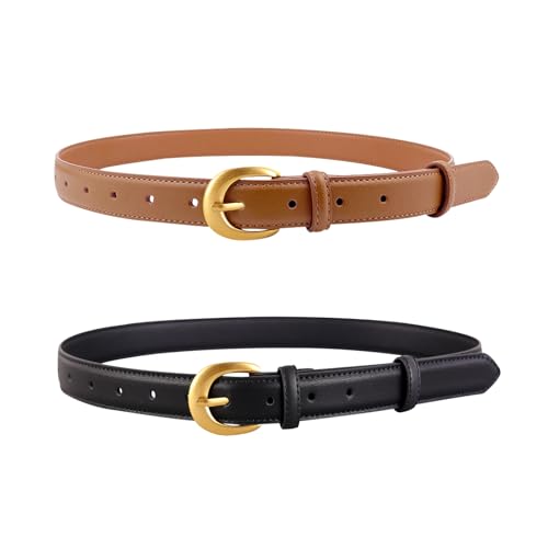 Women's Belts 2 Pack Leather Waist Belt for Jeans Dresses Pants Fashion Ladies Belt with Gold Buckle