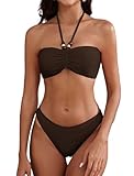 ZAFUL Women's Halter Bandeau Bikini Beaded Tie Back String Bikini Set Push Up Two Piece Swimsuit Bathing Suits (1-Deep Brown, S)