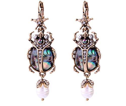 COLORFUL BLING Drop Dangle Earrings For Women - Vintage Jewelry For Women- Unique Beetle Bug Scarab Weird Earrings -Amazing Victorian Scarab Pearl Drop Jewelry - Fashion Abalone Shell Earring Gifts for Women
