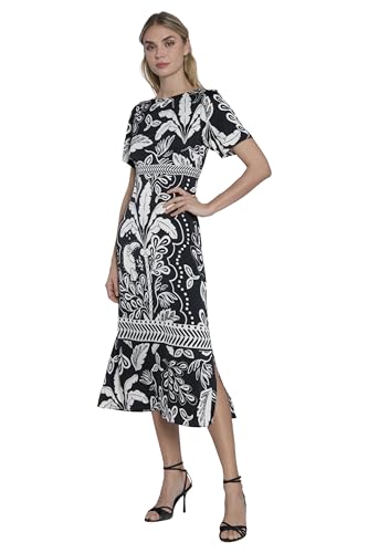 Image of Maggy London Women's Floral Leaf Print Midi Dress for Women - Flutter Sleeve, Fitted Waist, Flounced Hem, Work Dresses for Women