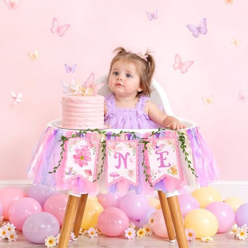 Image of Kriyokiaa Fairy First Birthday High Chair Banner One High Chair Banner Girl Photo Backdrop Fairy First Birthday Decorations for Girl Wall Hanging Decorations for Kids Bedroom