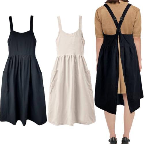 Uaussi Cotton Linen Apron Cross Back Work Apron for Women with Pockets Pinafore Dress X Cross Halter Apron for Baking Chef Garden